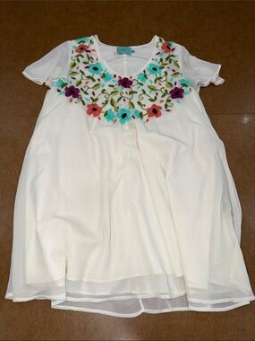 Judith March Sheer Cream Tunic with Multicolor Floral Needle Point • Lined